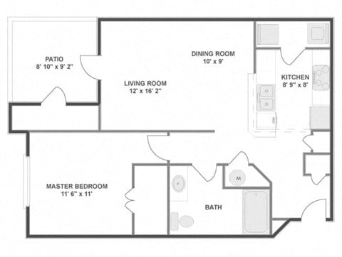 Floor plan for 1 bed, 1 bath, 696 sqft
